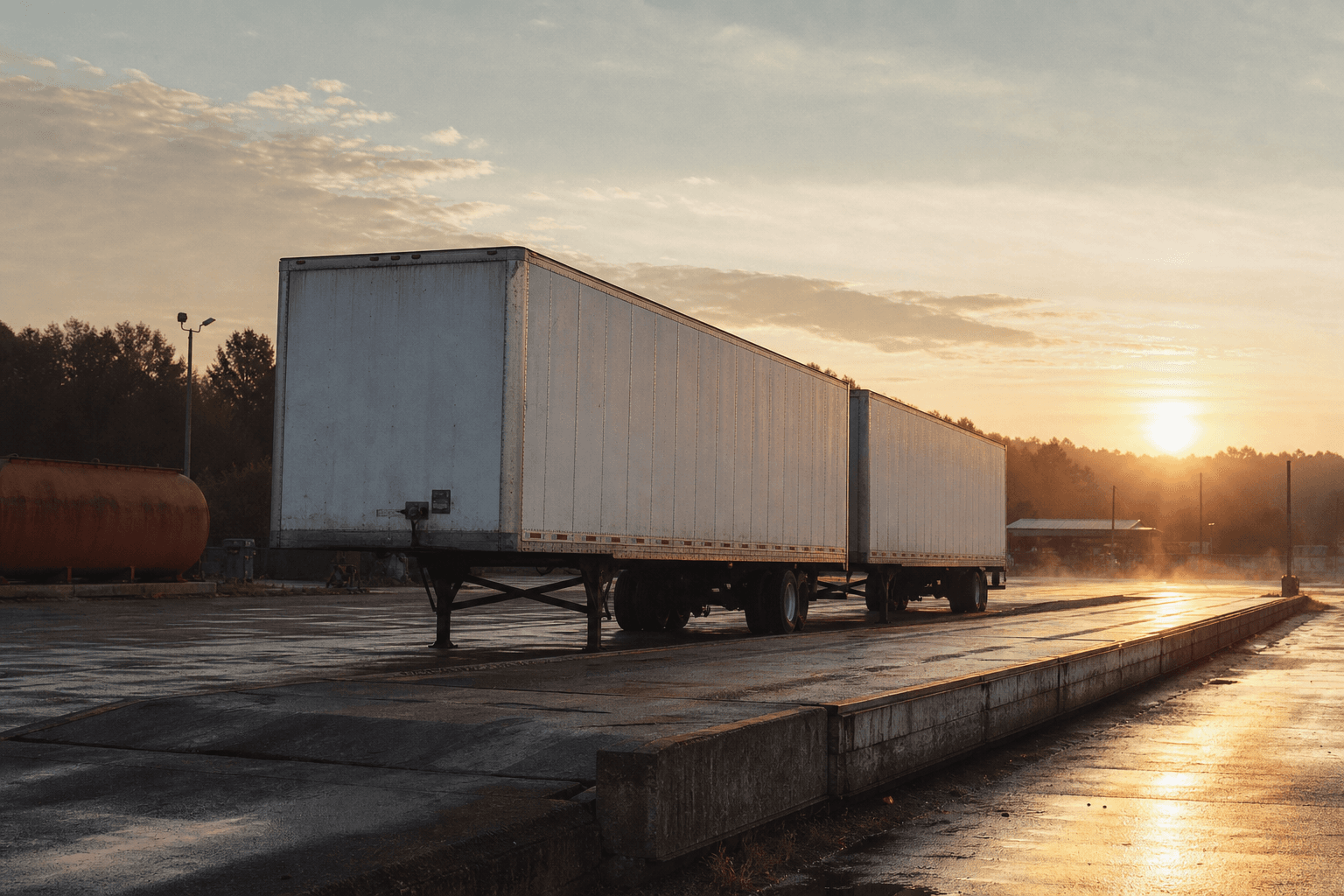 Dry van trailers beside a weighbridge at dawn